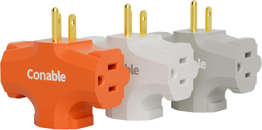 3-Outlet Adapter, 3 Prong Plug Extender, Heavy-Duty Grounded Power Tap 3 Way Splitter Adapter, Electric Outlet Expander Sideways, Multiple Colors, T-Shape Design, ETL Listed, Orange/White/Grey, 3 Pack