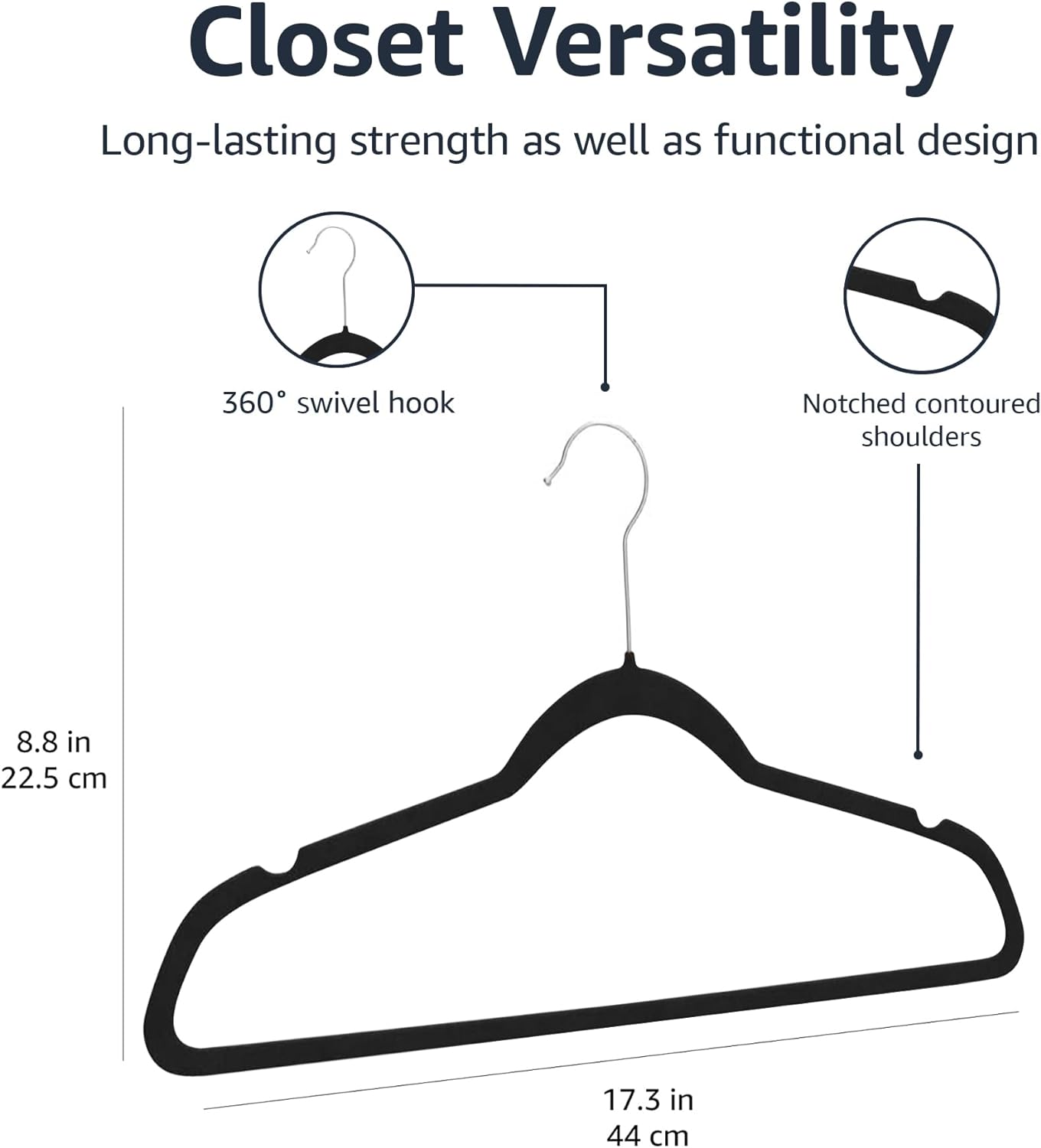 Slim, Velvet, Non-Slip Suit Clothes Hangers, Pack of 50, Black