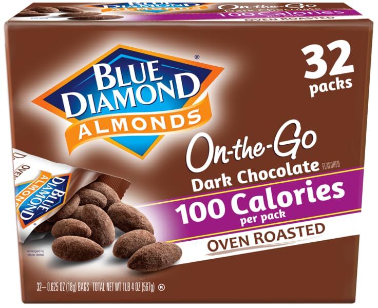 Blue Diamond Almonds Dark Chocolate Cocoa Dusted Snack Nuts perfect for On-the-go Snacking, School, Gym, and Kids, 100 Calorie Packs, 32 Count