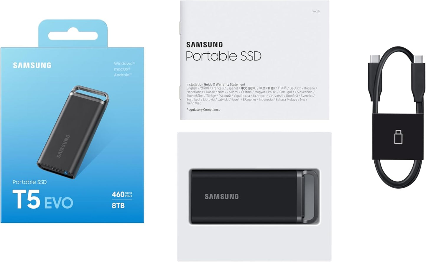 SAMSUNG T5 EVO Portable SSD 8TB, USB 3.2 Gen 1 External Solid State Drive, Seq. Read Speeds Up to 460MB/s for Gaming and Content Creation, MU-PH8T0S/AM, Black