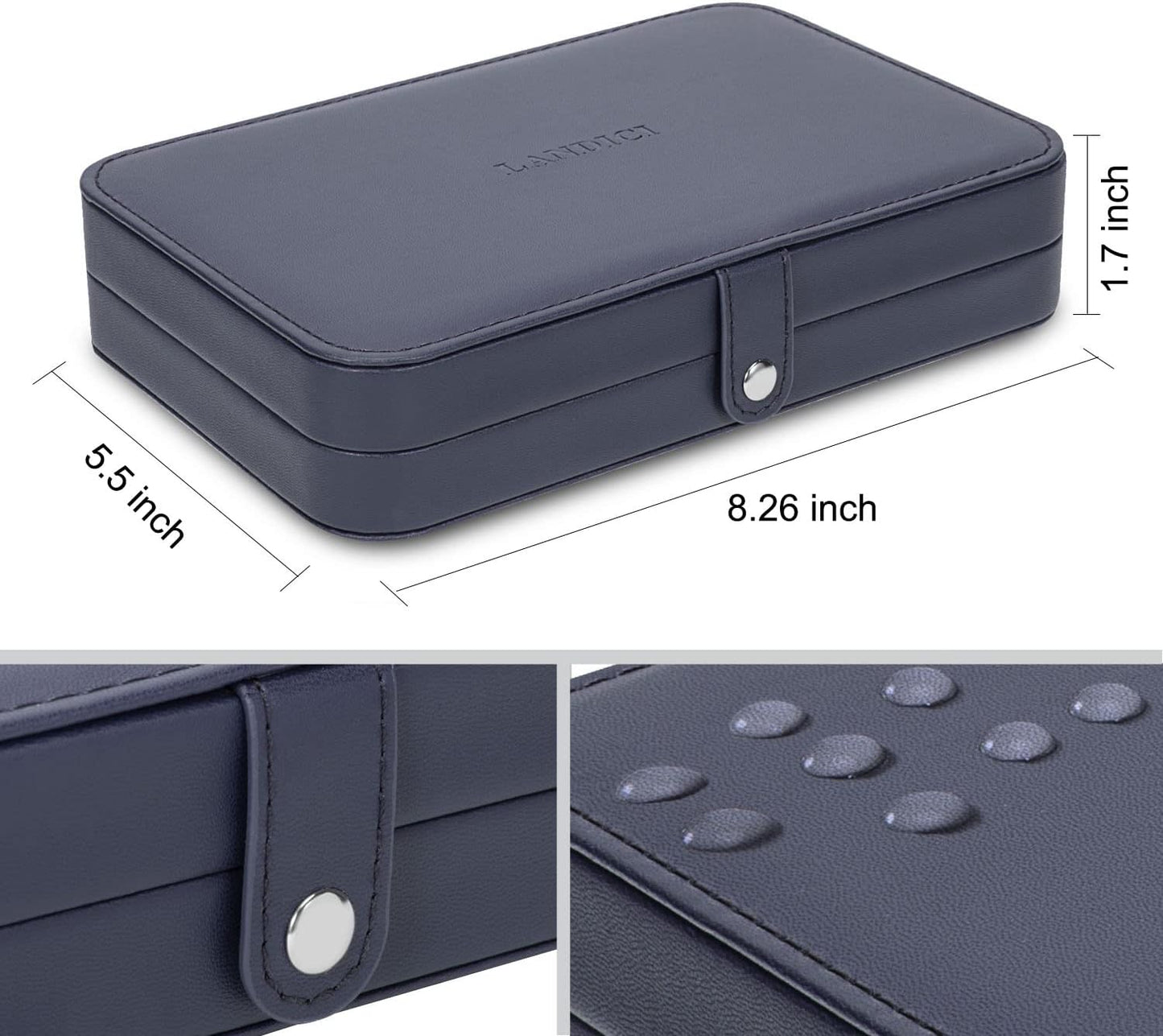 LANDICI Small Jewelry Box for Women Girls, PU Leather Travel Jewelry Case, Portable Jewelry Organizer Storage Holder Display for Ring Earrings Necklace Bracelet Bangle Men Kids Gift, Dark Blue