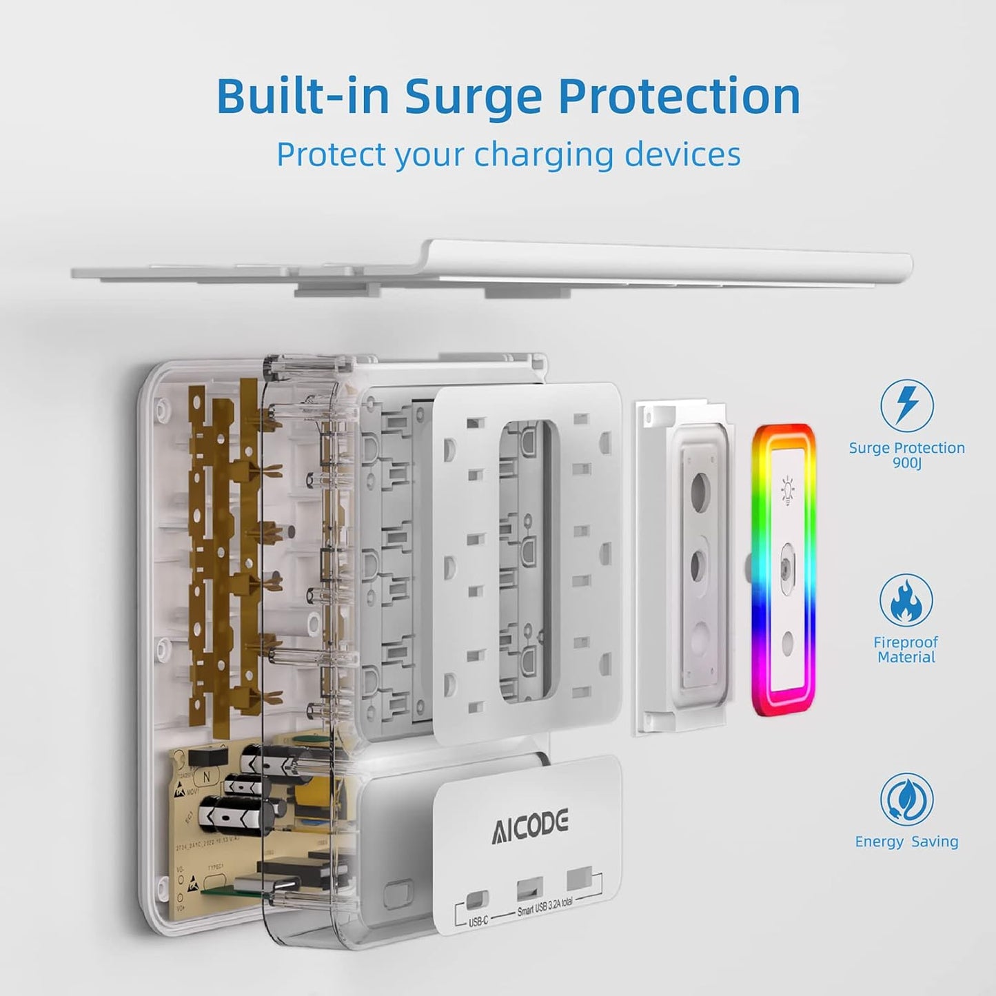 Socket Outlet Shelf AICODE Surge Protector with 6 Nightlight Wall Outlet Extender 6 Outlets with 3 USB Ports(1 USB C) Wall Plug Expander Charger Shelf for...