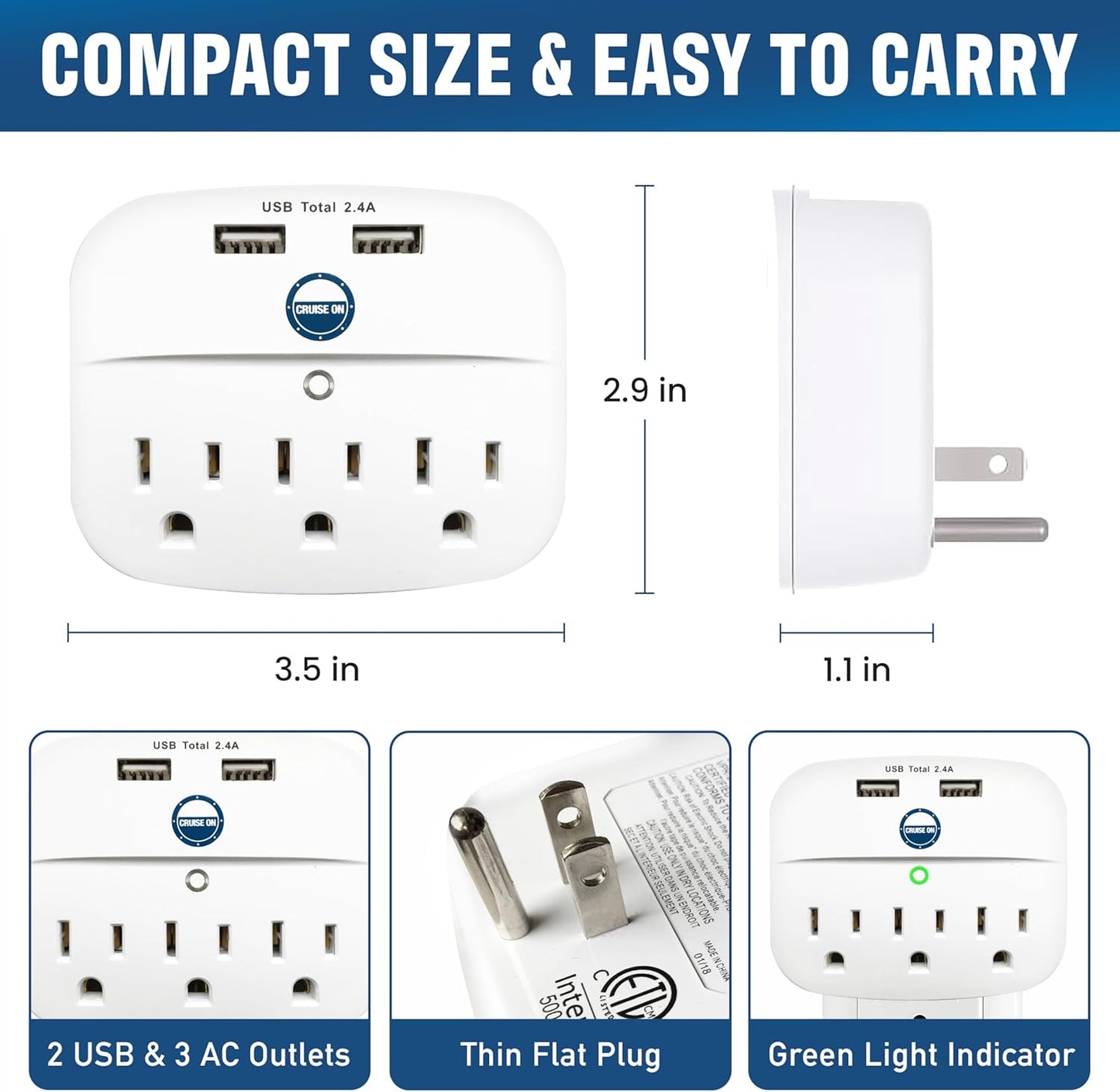 Cruise Approved Power Strip - Non Surge Protector for Cruise Ship with 2 USB Outlets - Cruise Ship Essentials 2024 for Carnival, Princess, Norwegian, Holland America, MSC & Major Cruise Lines (White)