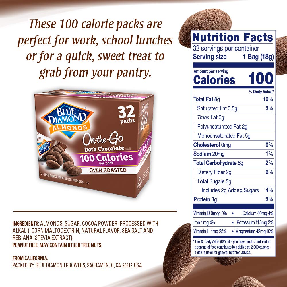 Blue Diamond Almonds Dark Chocolate Cocoa Dusted Snack Nuts perfect for On-the-go Snacking, School, Gym, and Kids, 100 Calorie Packs, 32 Count