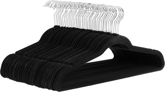 Slim, Velvet, Non-Slip Suit Clothes Hangers, Pack of 50, Black