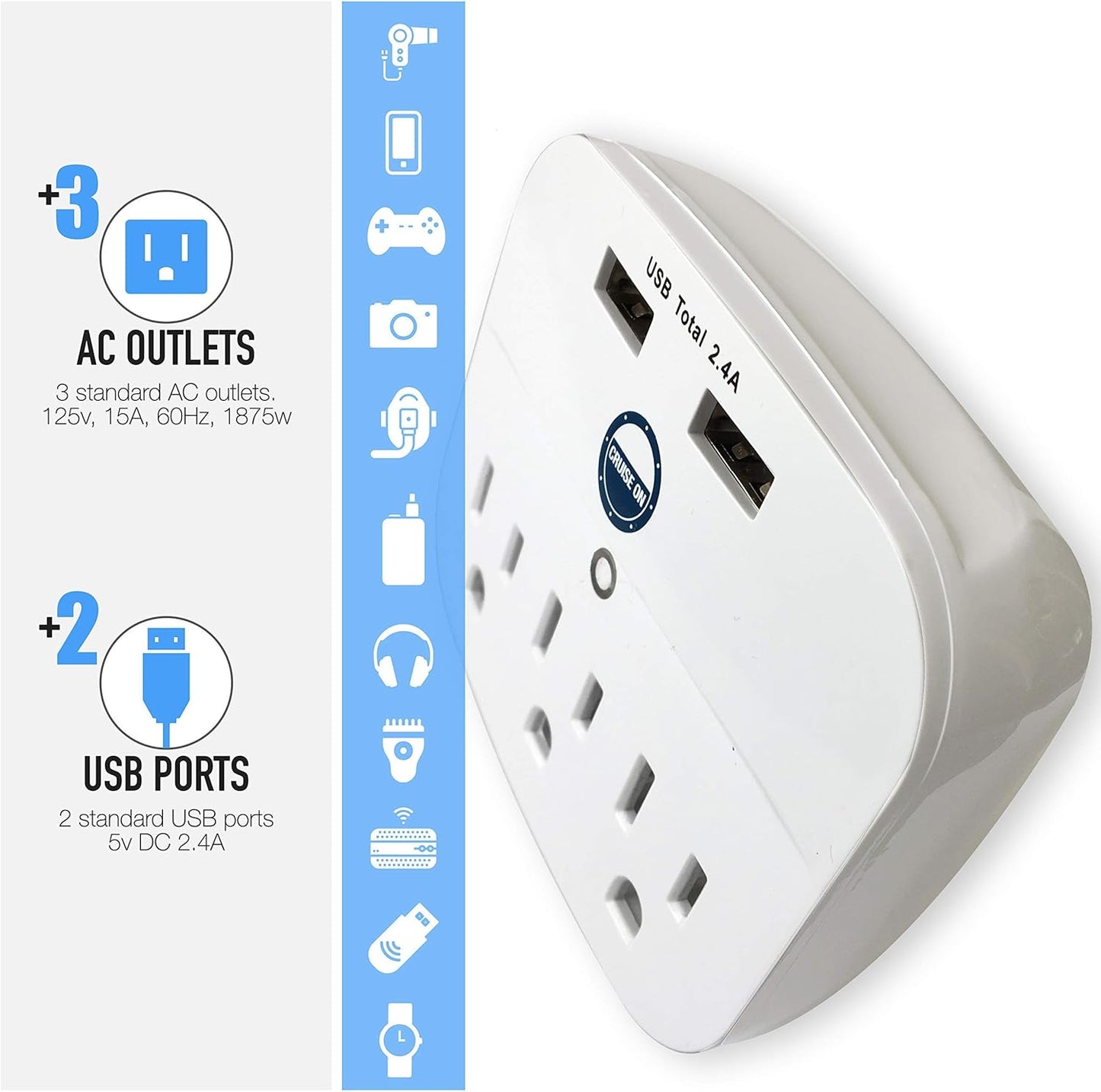 Cruise Approved Power Strip - Non Surge Protector for Cruise Ship with 2 USB Outlets - Cruise Ship Essentials 2024 for Carnival, Princess, Norwegian, Holland America, MSC & Major Cruise Lines (White)